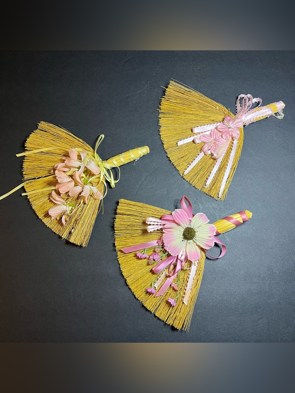 Vintage Set of 3 Cottagecore Grannycore Pink Floral Straw Broom Wall Hangers